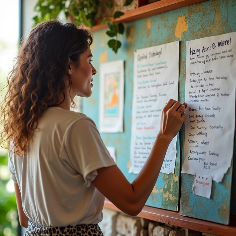 Mulher definindo metas financeiras em um quadro de visão com decoração Farm Rio.
