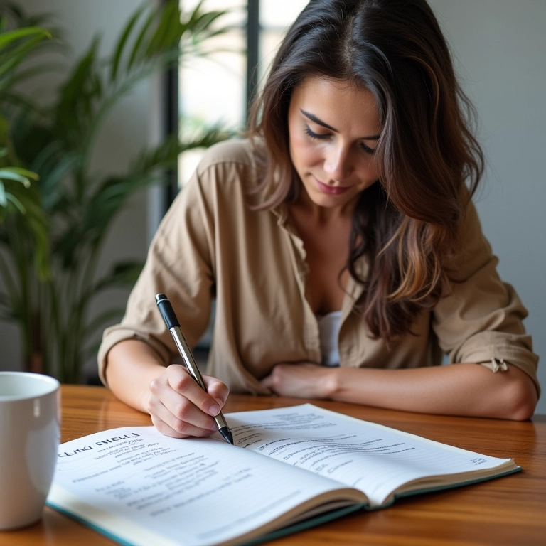 Mulher definindo metas SMART em caderno colorido.