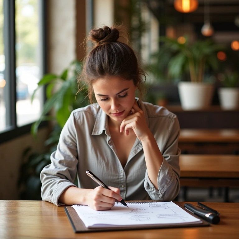 Mulher definindo objetivos de marketing em café ensolarado.