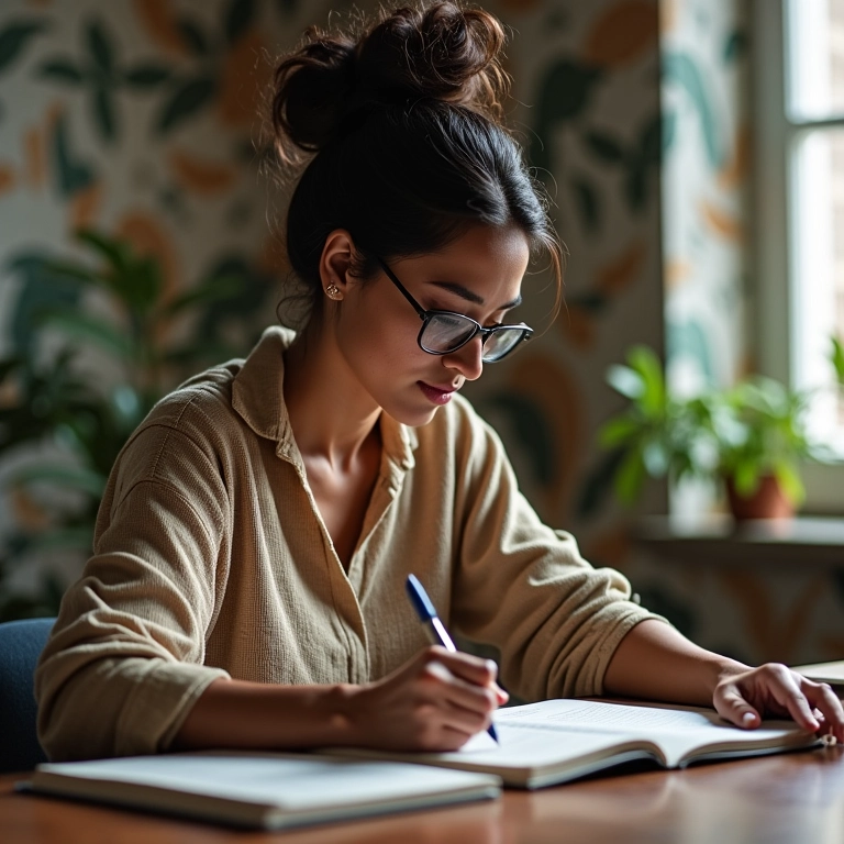 Mulher definindo objetivos financeiros em diário.