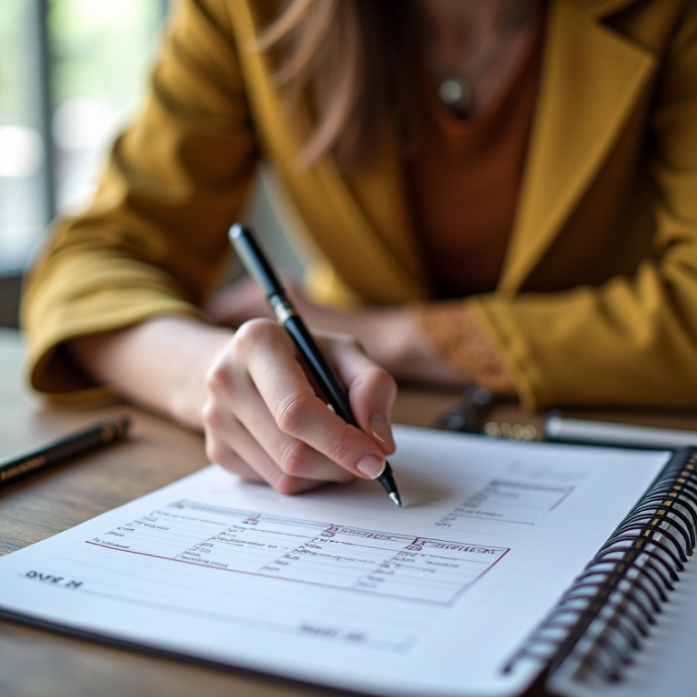 Mulher definindo prazo realista em agenda com decoração brasileira vibrante.