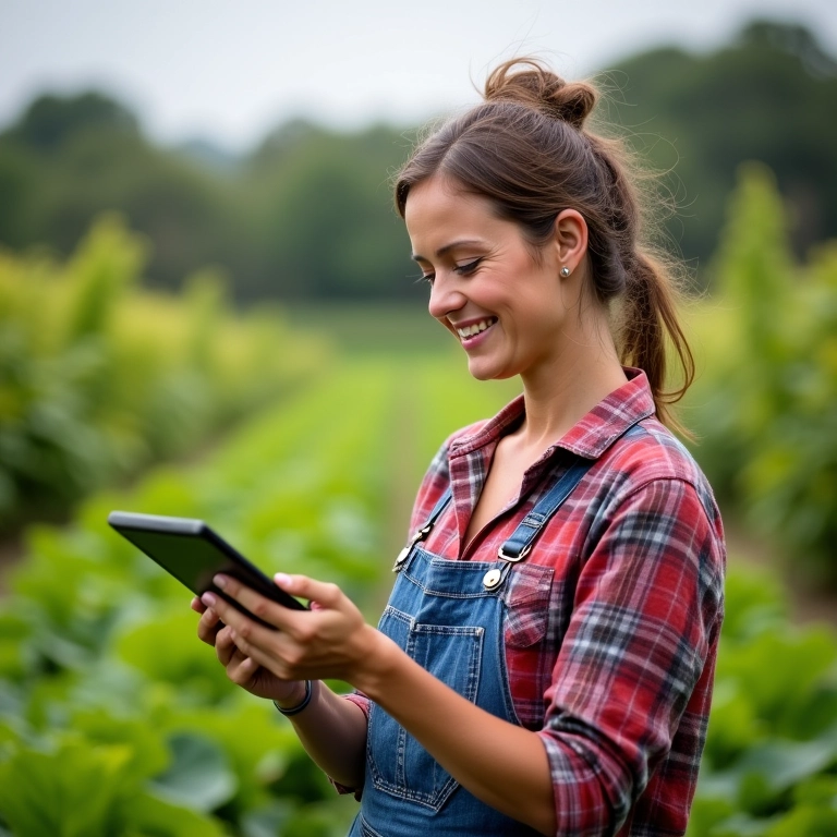 Mulher delegando tarefas em tablet com vista para jardim exuberante.