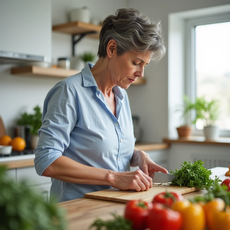 Mulher demonstra postura correta ao cortar legumes na cozinha.