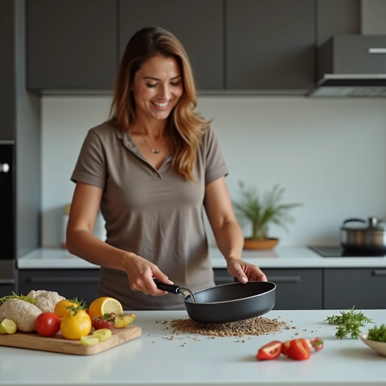 Mulher derrubando panela em bancada de Silestone.