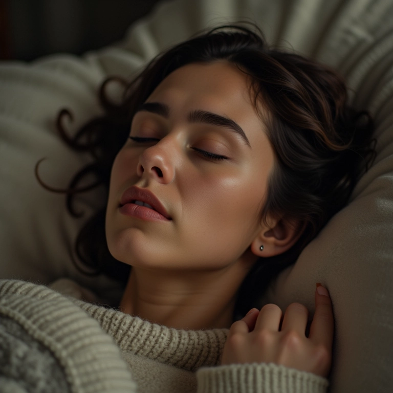 Mulher descansando com os olhos fechados, em um ambiente tranquilo.