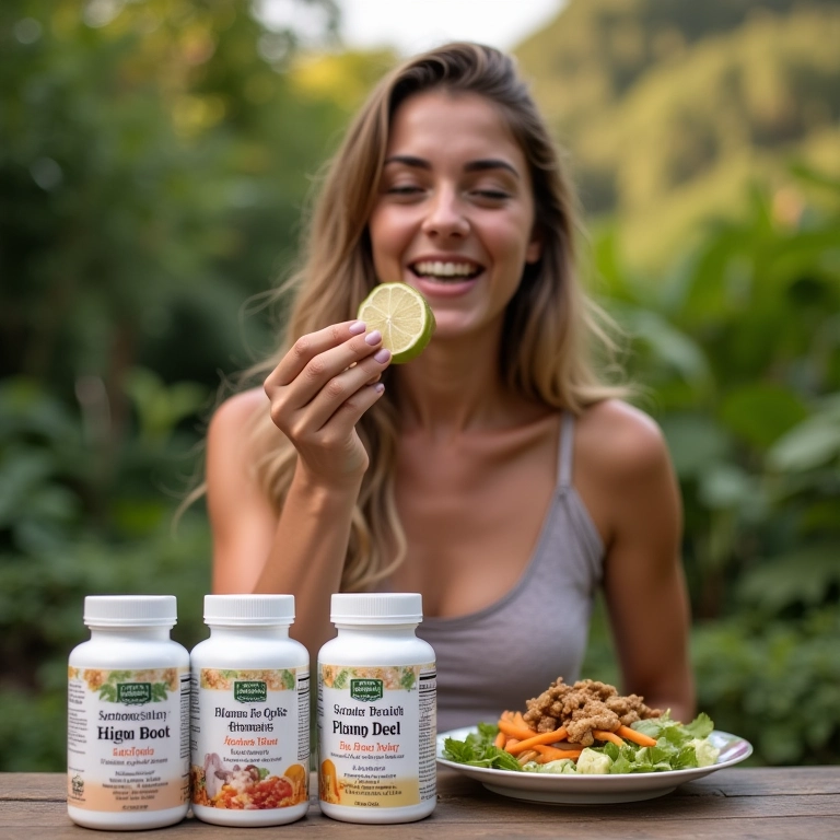 Mulher desfrutando de uma refeição saudável ao ar livre, com suplementos à mostra.