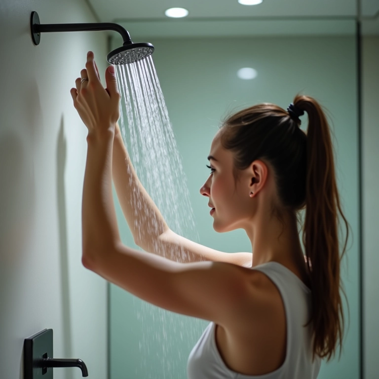 Mulher desligando o chuveiro em banheiro moderno.