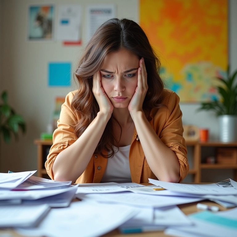 Mulher desorganizada em escritório, um desafio comum na dislexia.