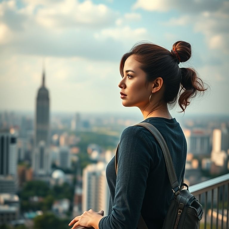 Mulher determinada olhando para a cidade, superando obstáculos.