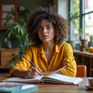 Mulher determinada organizando agenda, superando a procrastinação em ambiente colorido.