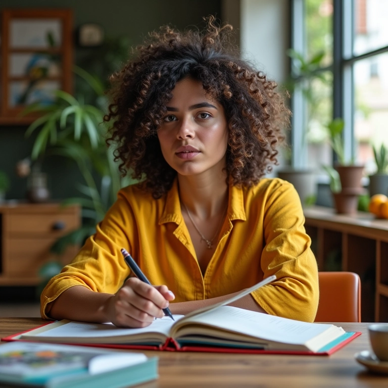 Estratégias Comprovadas Para Vencer a Procrastinação Agora Mulher determinada organizando agenda, superando a procrastinação em ambiente colorido.
