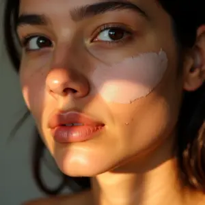 Mulher diversa com melasma em close-up, cuidando da pele.