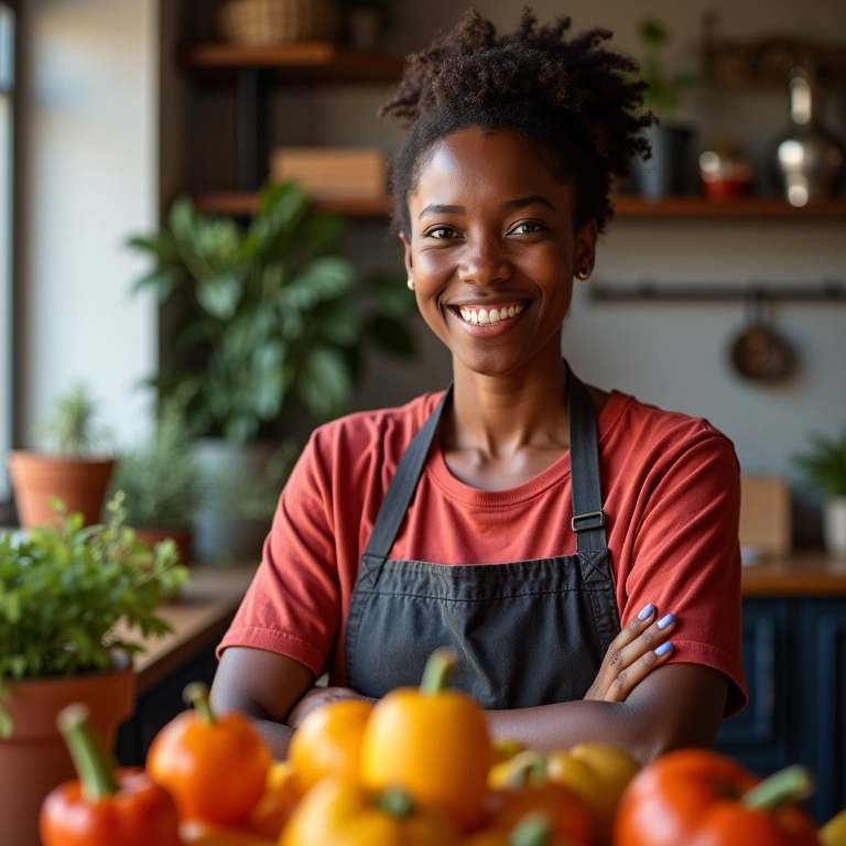 Mulher diversa trabalhando voluntariamente em uma cozinha comunitária local.