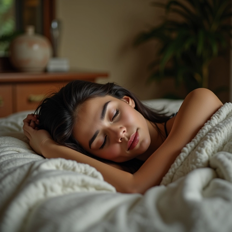 Mulher dormindo em quarto aconchegante.