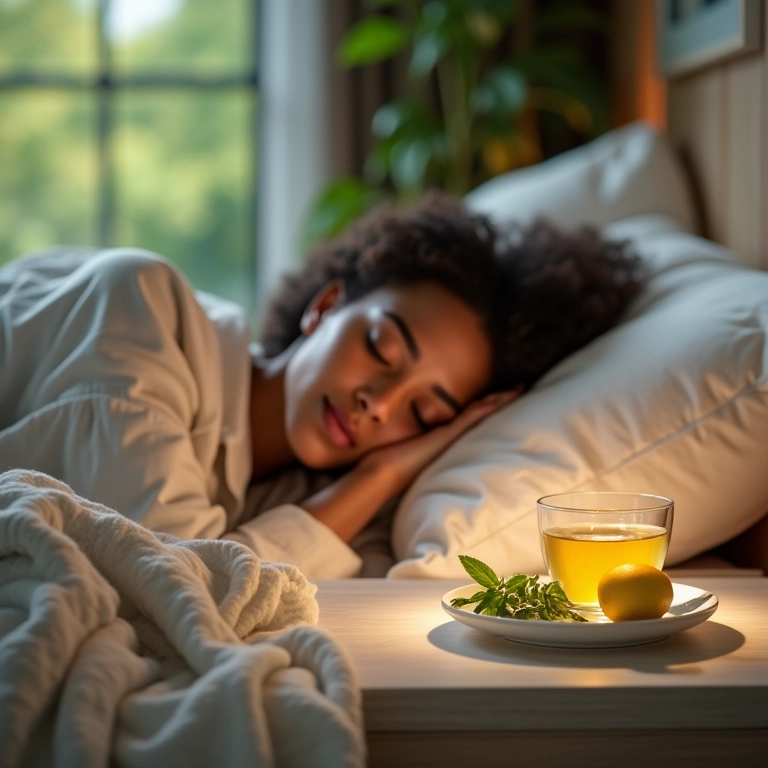 Mulher dormindo tranquilamente com chá de melissa ao lado.