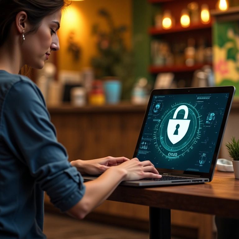 Mulher em café usando laptop com ícone VPN, navegando sem deixar rastros.