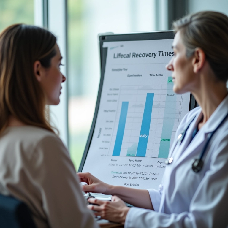 Mulher em consulta discutindo expectativas com médico, mostrando gráfico de tempo de recuperação.