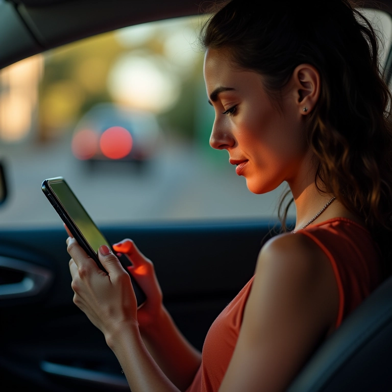 Mulher em um carro pesquisando no smartphone 'onde comprar extintor para carro'.