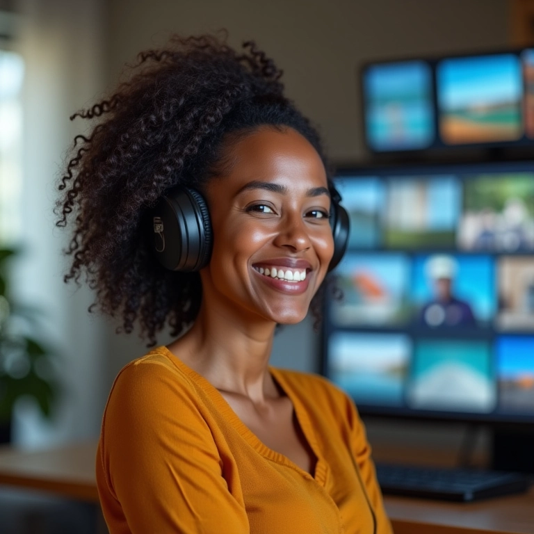Mulher em video chamada, sorrindo, com múltiplos projetos em telas.