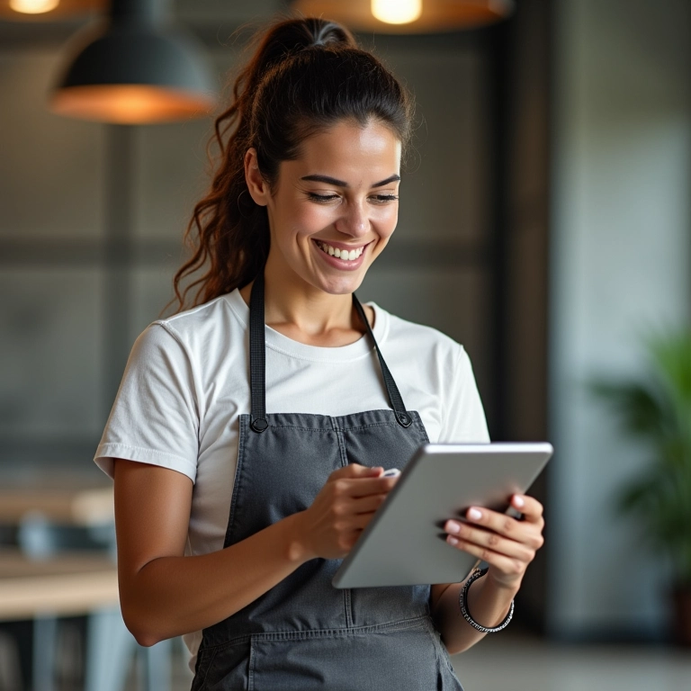 Mulher emitindo Nota Fiscal Eletrônica (NF-e) no tablet.