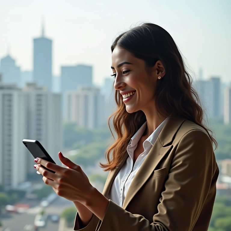 Mulher emitindo nota fiscal pelo celular com aplicativo.