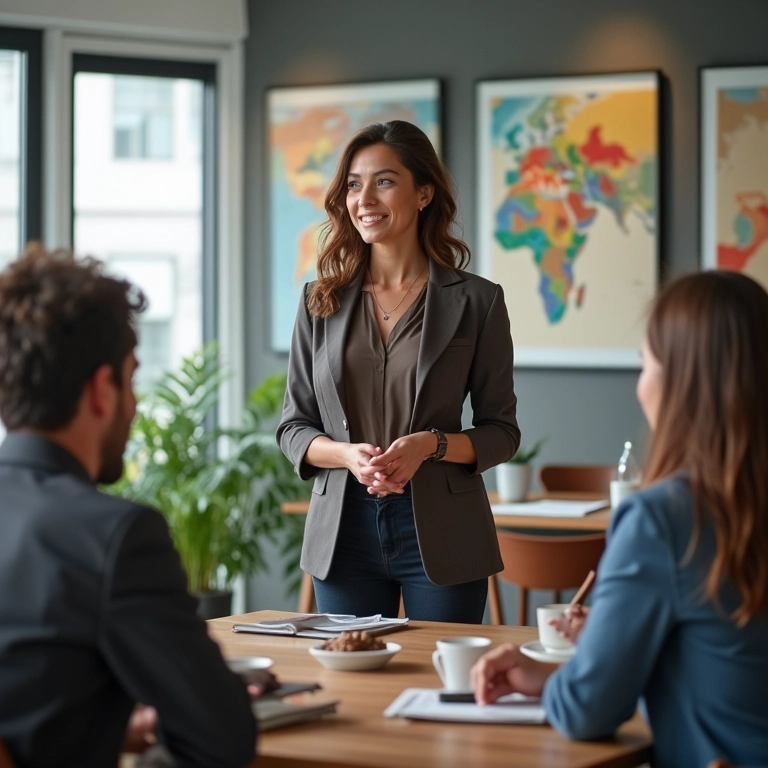 Mulher empreendedora liderando reunião de equipe, demonstrando habilidades de liderança e confiança.