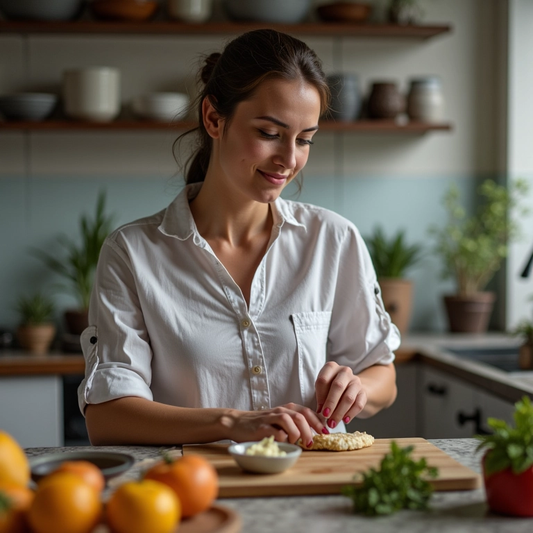 Mulher ensinando culinária em aula online da cozinha de sua casa, compartilhando habilidades.