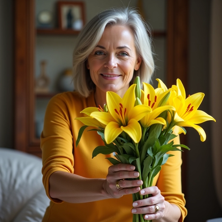 Mulher entregando um buquê de lírios amarelos com um sorriso afetuoso.