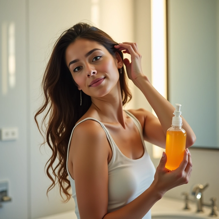 Mulher enxaguando o cabelo com vinagre de maçã para um brilho extra.