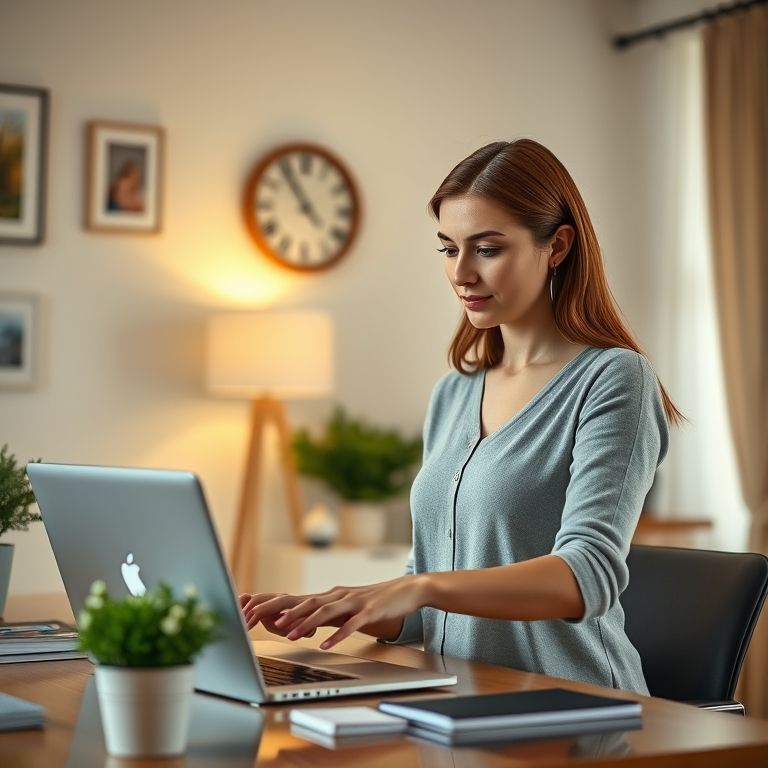 Mulher equilibrando trabalho e família em home office.