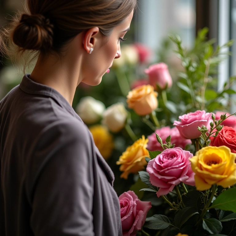 Mulher escolhendo flores para funeral em floricultura.