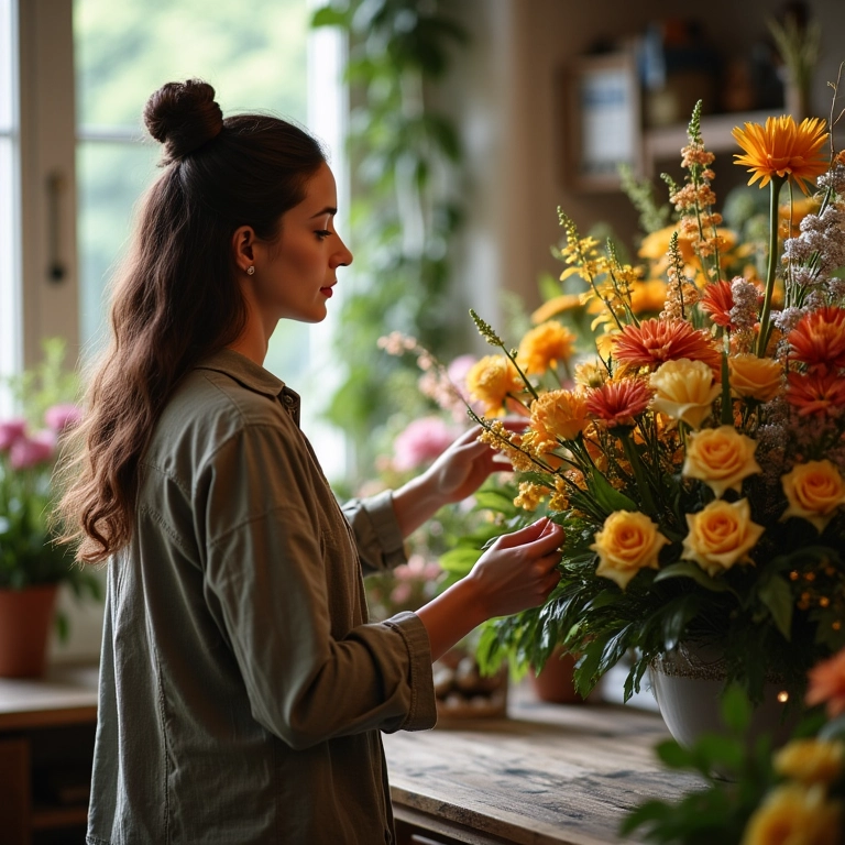 Mulher escolhendo o tamanho do arranjo floral para funeral.