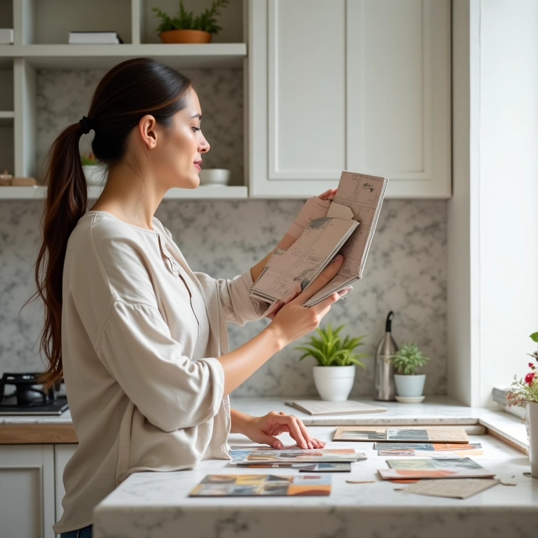 Mulher escolhendo revestimentos e acabamentos para reforma de apartamento antigo.