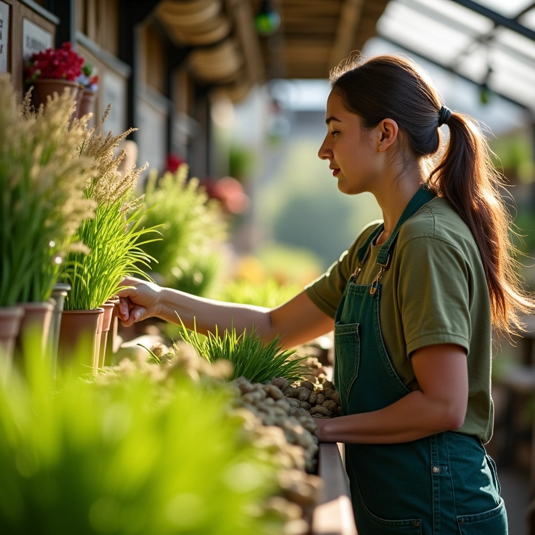 Mulher escolhendo sementes de grama em loja de jardinagem.