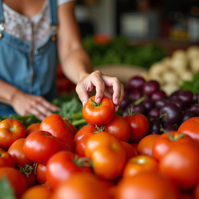 Mulher escolhendo tomate fresco em mercado de produtores.