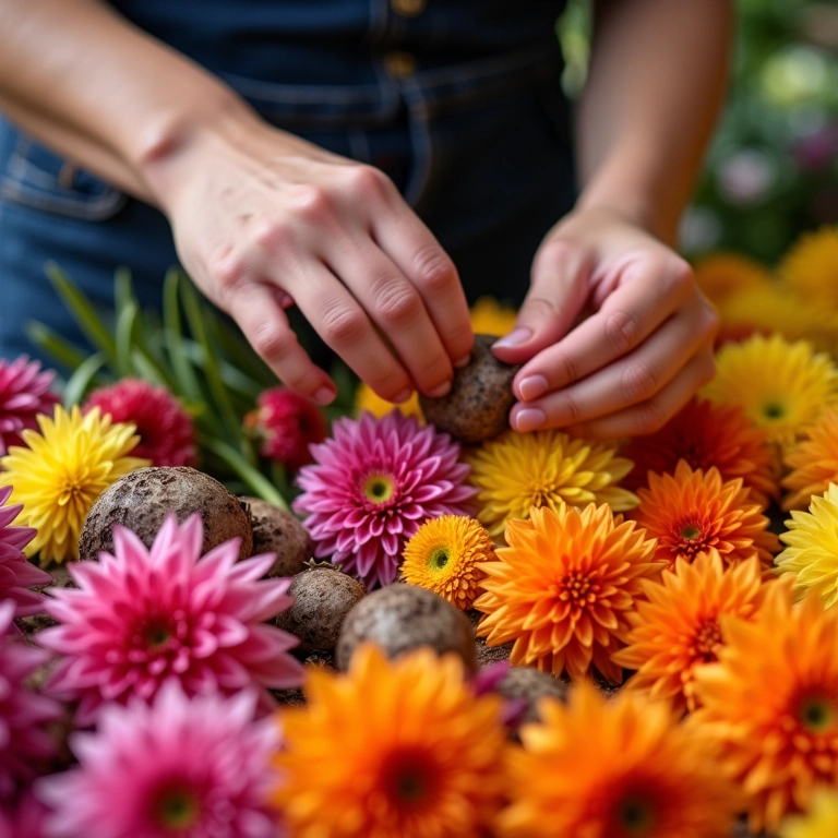 Mulher escolhendo tubérculos de dálias em mercado local.