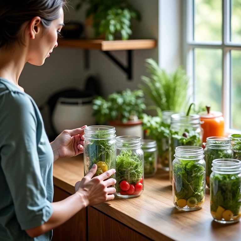 Mulher escolhendo um pote de vidro para montar sua salada.