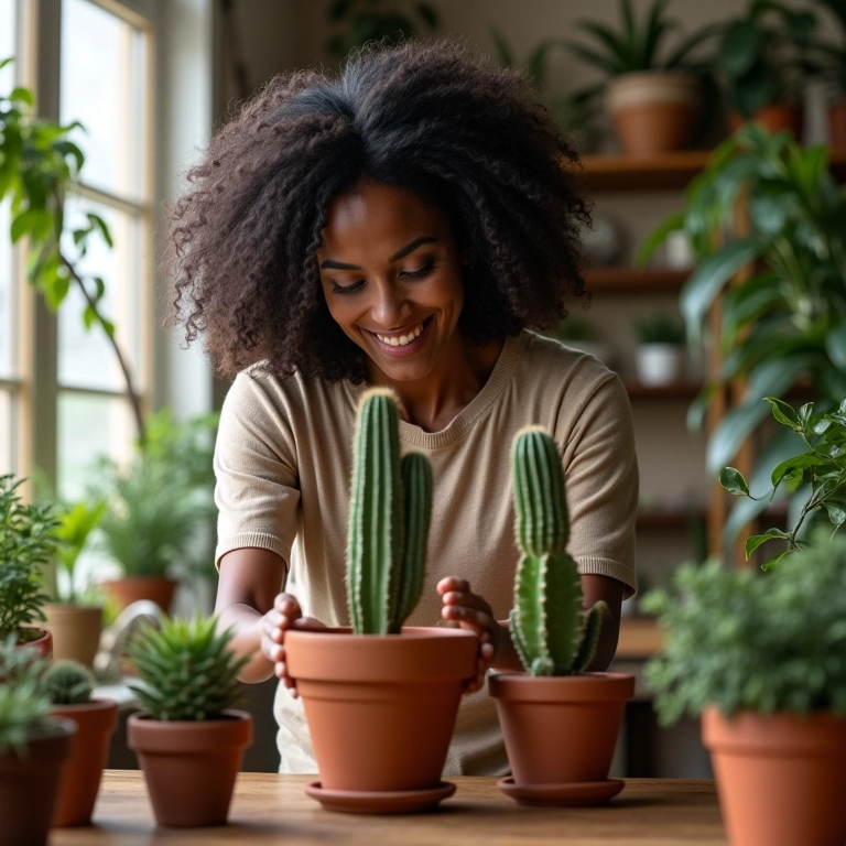 Mulher escolhendo vaso de terracota para cacto em casa com decoração vibrante e plantas.