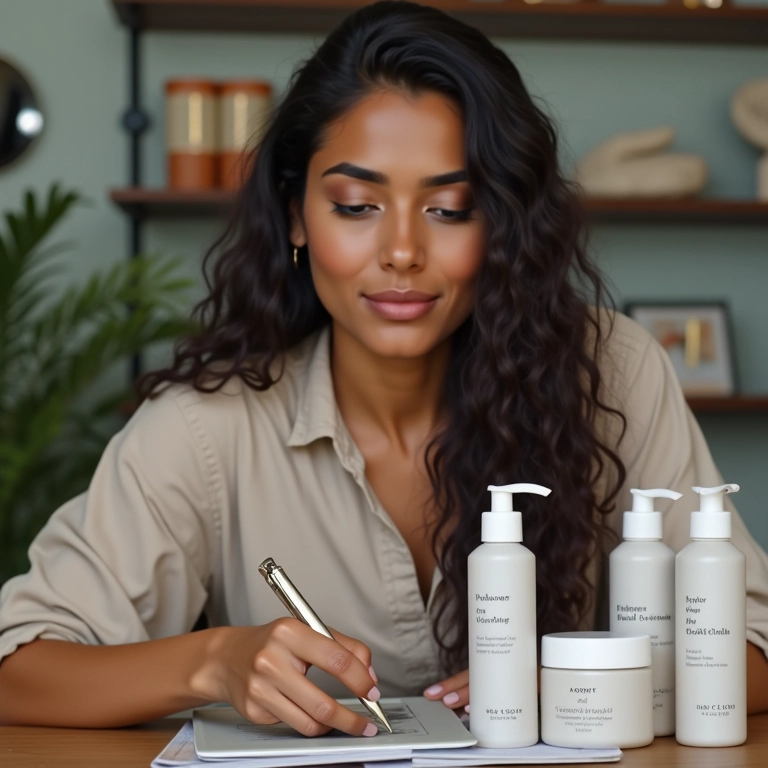 Mulher escrevendo descrição detalhada de produto.