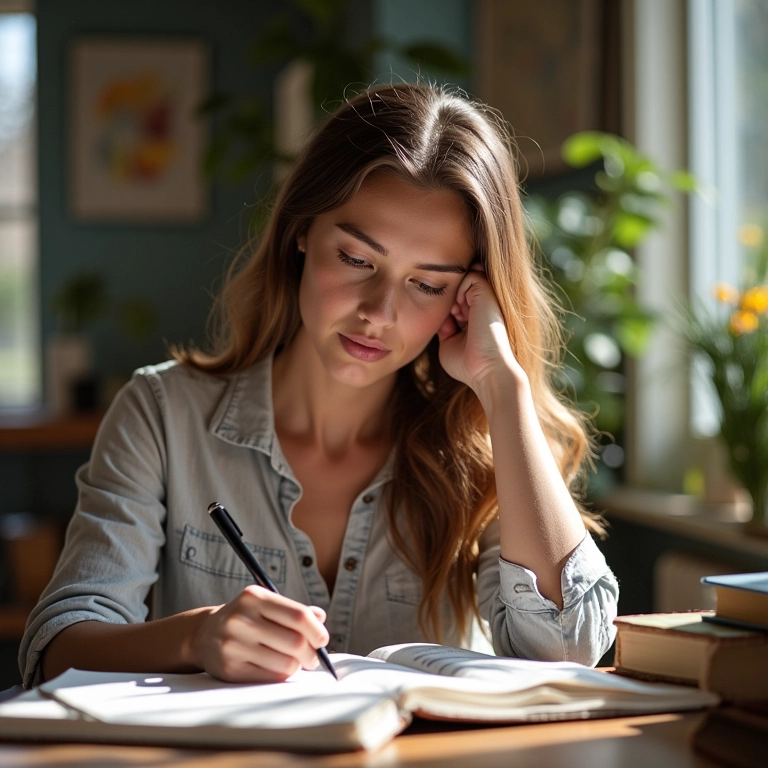 Mulher escrevendo honestamente em seu diário financeiro com uma expressão pensativa.