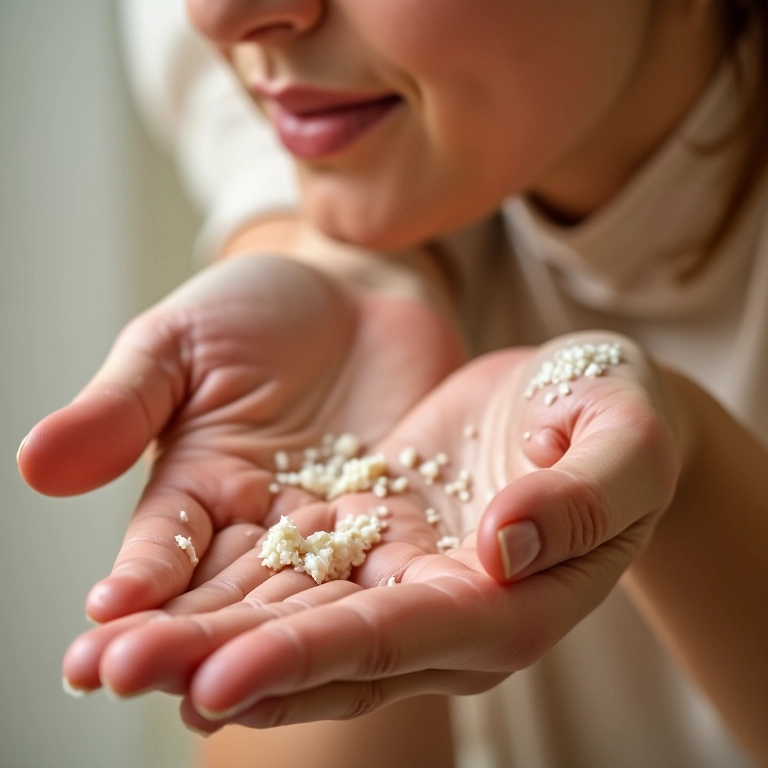 Mulher esfoliando as mãos suavemente com esfoliante natural para renovação celular.