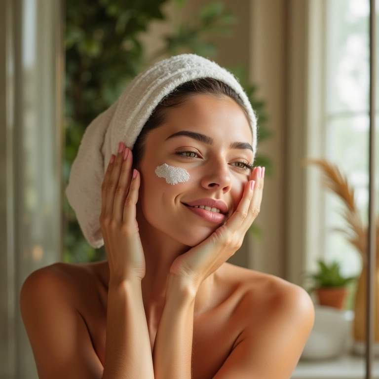 Mulher esfoliando o rosto no banheiro.