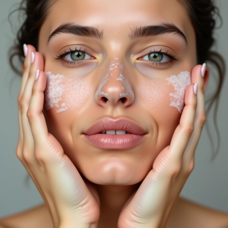 Mulher esfoliando o rosto suavemente.
