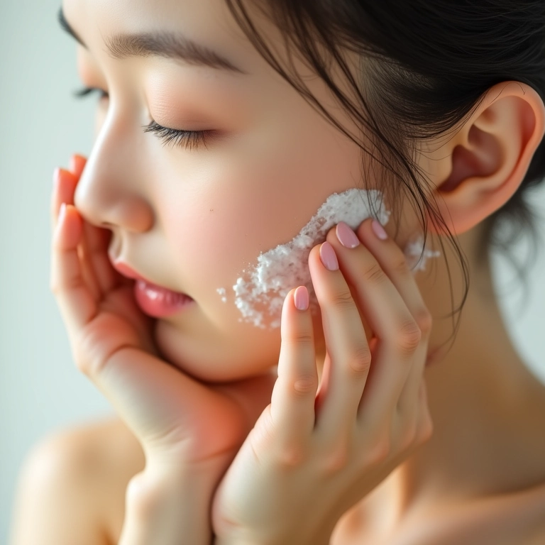 Mulher esfoliando suavemente a pele com um esfoliante facial em um ambiente iluminado.