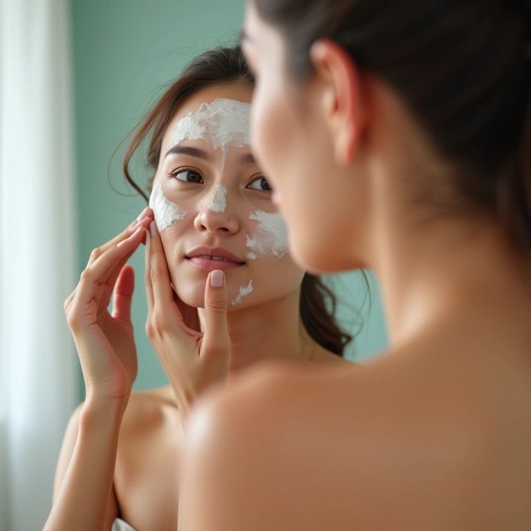 Mulher esfoliando suavemente o rosto no banheiro com luz suave.