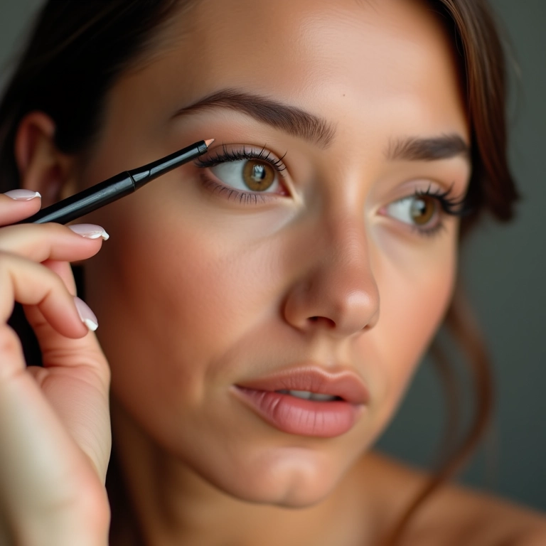 Mulher esfumando lápis de olho marrom.