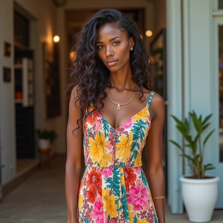 Mulher estilosa alugando um vestido colorido em uma boutique local, moda sustentável.