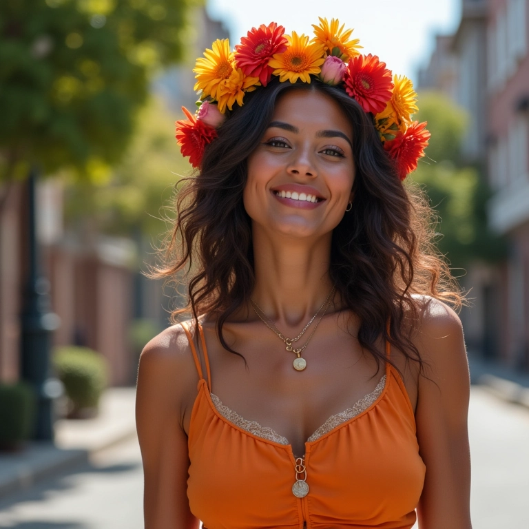 Mulher estilosa com coroa de flores como acessório de moda.