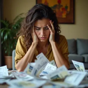 Mulher estressada com contas e recibos, representando o caos financeiro da classe média.