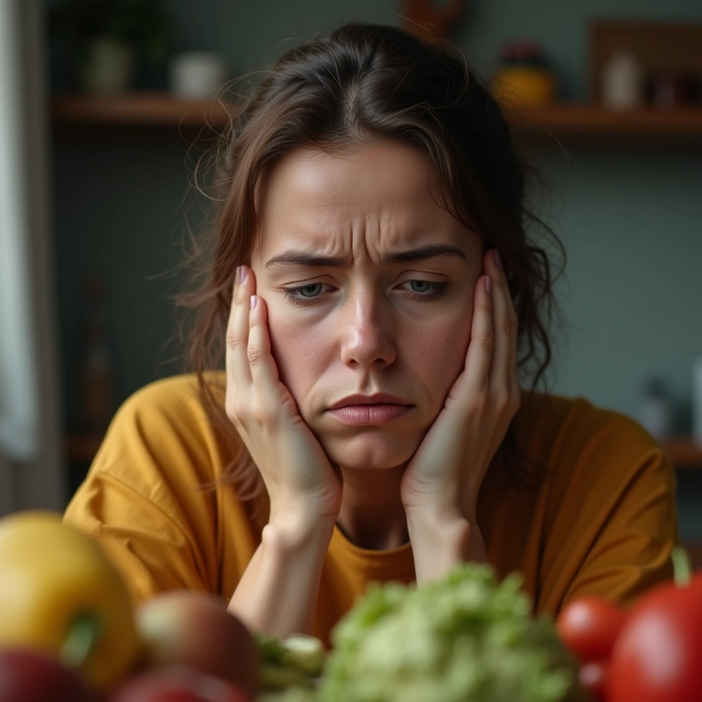 Mulher estressada, pele sem brilho, má alimentação.